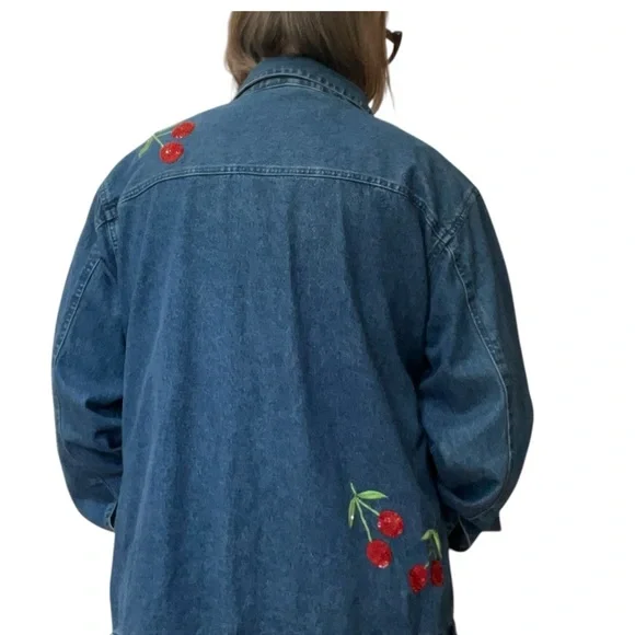 Quacker Factory Blue Denim Jacket with Cherry Embroidery-1X - Picture 8 of 10